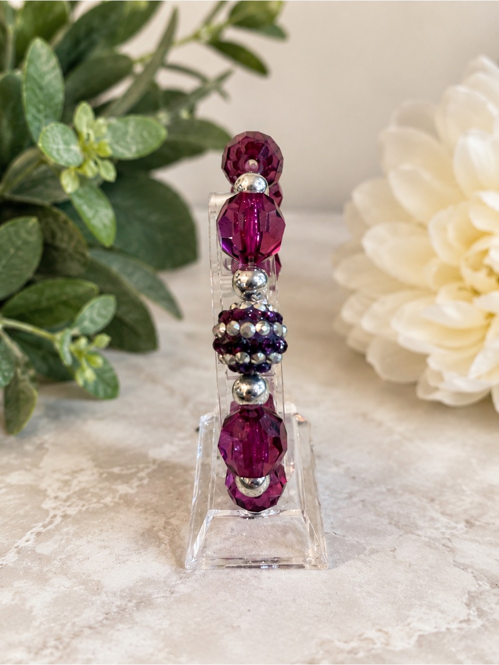 Purple Faceted Beaded Stretch Bracelet Silver Tone Rhinestone Accent Statement - Picture 3 of 6